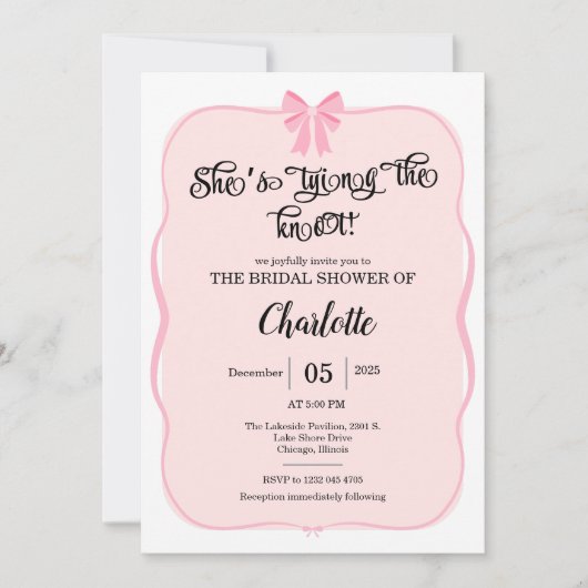 she's tying the knot pink Bow bridal shower  招待状 (正面)