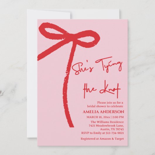  She's Tying the Knot Red,pink Bow Bridal Shower  招待状 (正面)