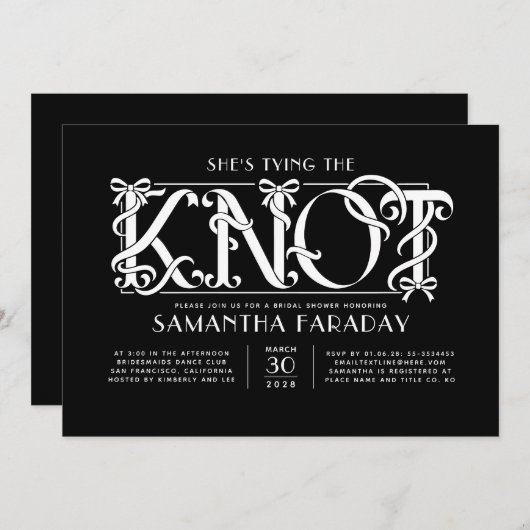 She's Tying The Knot White Bow Black Bridal Shower 招待状 (正面/裏面)