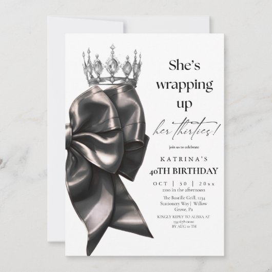 She's Wrapping Up Her thirties Bow 40th Birthday 招待状 (正面)