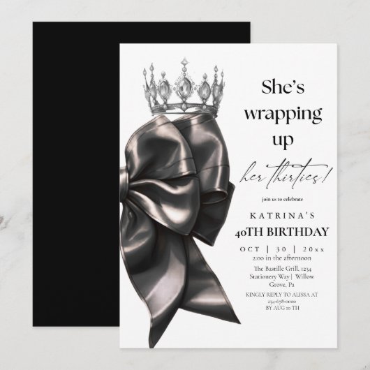 She's Wrapping Up Her thirties Bow 40th Birthday 招待状 (正面/裏面)