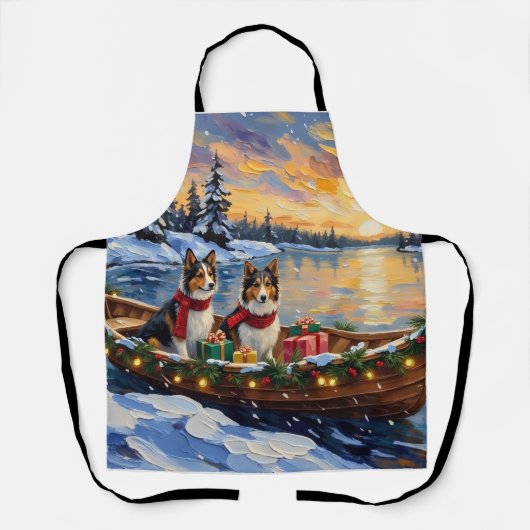 Shetland Sheepdog Christmas Boat Holiday エプロン (正面)