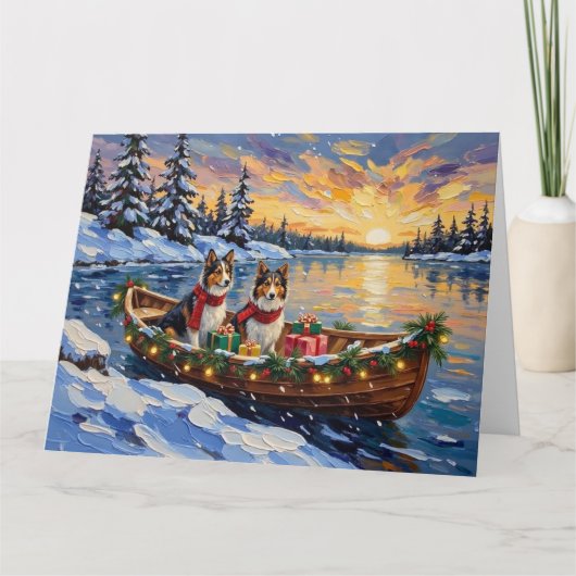 Shetland Sheepdog Christmas Boat Holiday カード (正面)