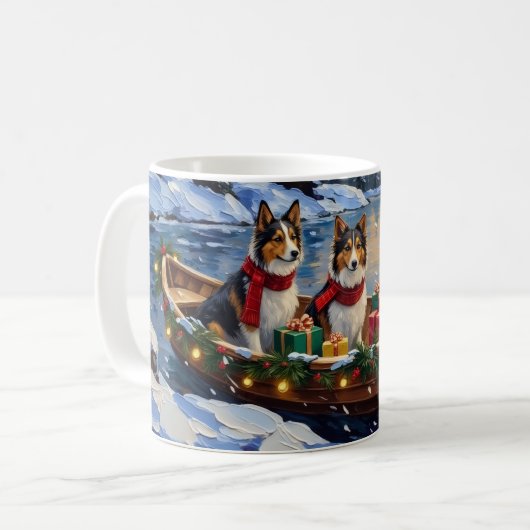 Shetland Sheepdog Christmas Boat Holiday コーヒーマグカップ (正面左)