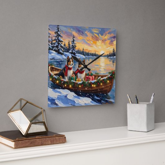 Shetland Sheepdog Christmas Boat Holiday スクエア壁時計 (オフィス)