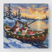 Shetland Sheepdog Christmas Boat Holiday スクエア壁時計 (正面)