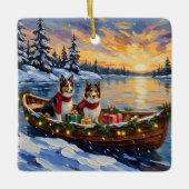 Shetland Sheepdog Christmas Boat Holiday セラミックオーナメント (正面)