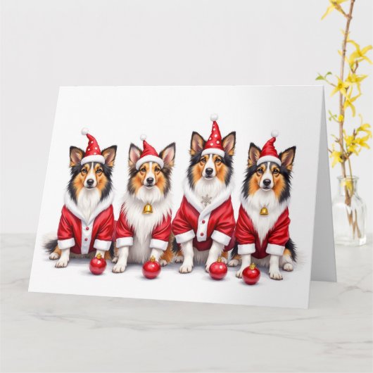 Shetland Sheepdog Christmas Dress Santa Hat カード (黄色い花)