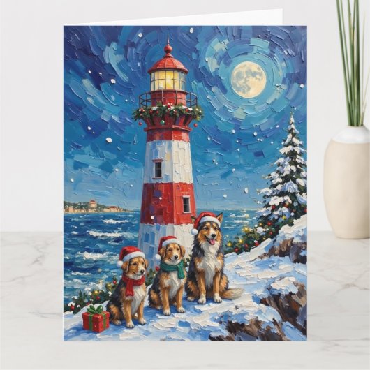 Shetland Sheepdog Christmas Lighthouse Holiday カード (正面)