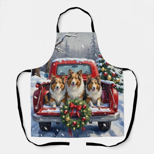 Shetland Sheepdog Christmas Red Truck Holiday エプロン (正面)