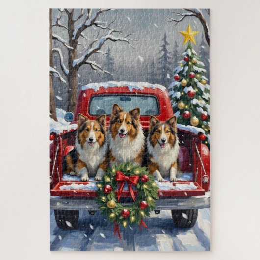 Shetland Sheepdog Christmas Red Truck Holiday ジグソーパズル (縦)