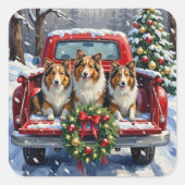 Shetland Sheepdog Christmas Red Truck Holiday スクエアシール (正面)