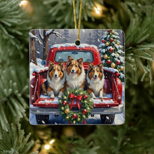 Shetland Sheepdog Christmas Red Truck Holiday セラミックオーナメント (ツリー)