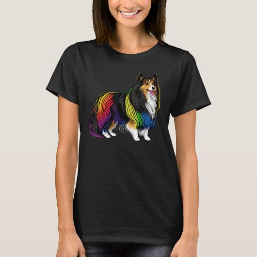 Shetland Sheepdog Gay Pride LGBT Rainbow Flag Shel Tシャツ (正面)