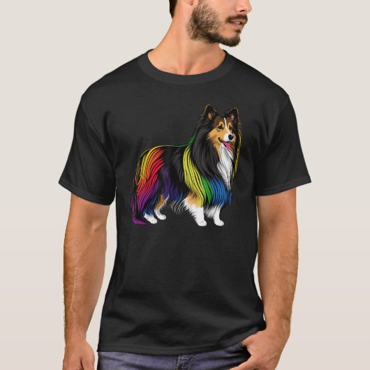 Shetland Sheepdog Gay Pride LGBT Rainbow Flag Shel Tシャツ (正面)