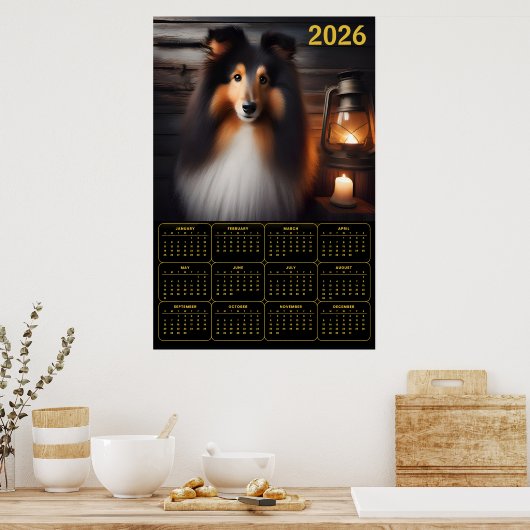 Shetland Sheepdog Lantern Glow Rustic Dog Calendar ポスター (キッチン)