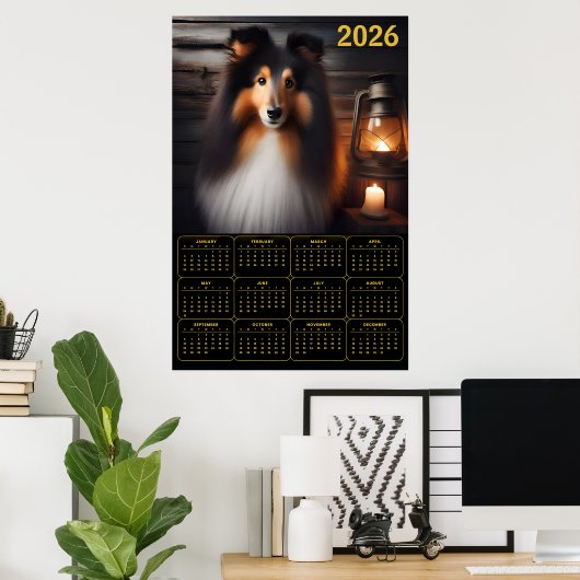 Shetland Sheepdog Lantern Glow Rustic Dog Calendar ポスター (ホームオフィス)