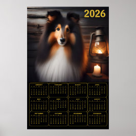 Shetland Sheepdog Lantern Glow Rustic Dog Calendar ポスター
