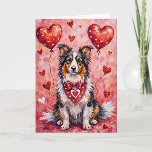 Shetland Sheepdog Valentine Dog Sitting with Heart カード (正面)
