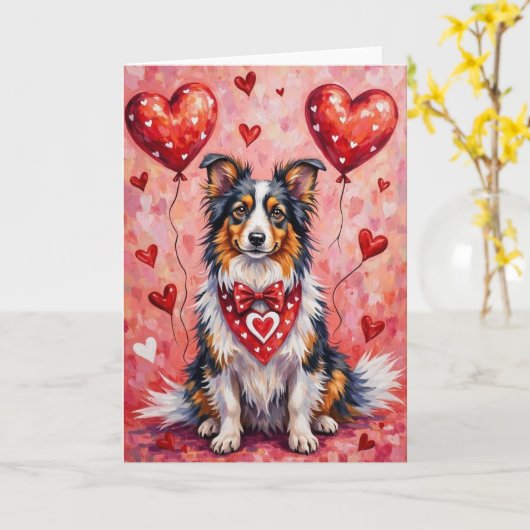 Shetland Sheepdog Valentine Dog Sitting with Heart カード (黄色い花)