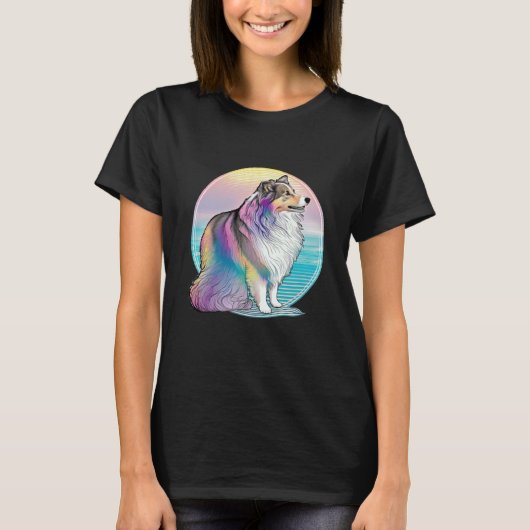 Shetland Sheepdog Vaporwave Retrowave Aesthetic Tシャツ (正面)