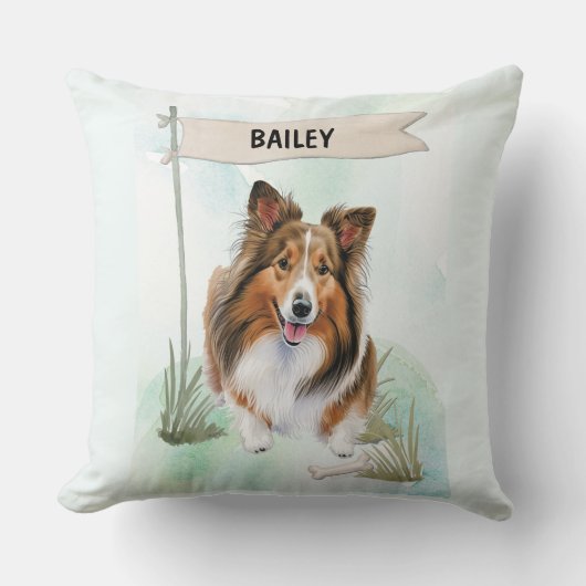 Shetland Sheepdog Watercolor Personalized Dog クッション (正面)