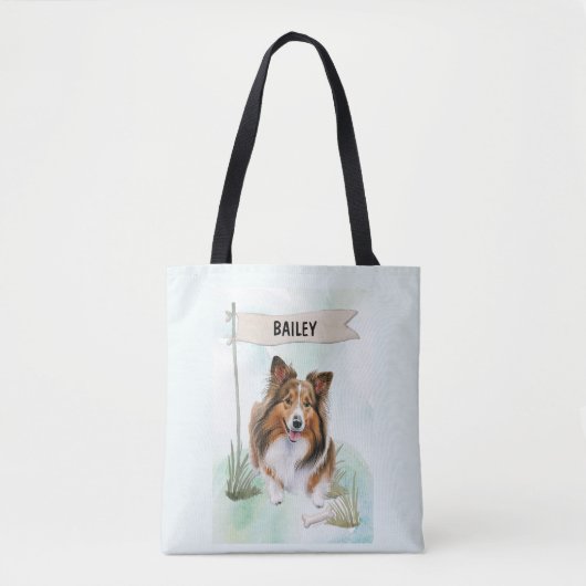 Shetland Sheepdog Watercolor Personalized Dog トートバッグ (正面)
