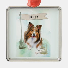 Shetland Sheepdog Watercolor Personalized Dog メタルオーナメント