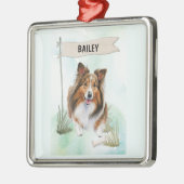 Shetland Sheepdog Watercolor Personalized Dog メタルオーナメント (左)