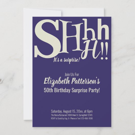 Shhサプライズの誕生日パーティー大人ブルー 招待状 (正面)