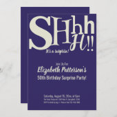 Shhサプライズの誕生日パーティー大人ブルー 招待状 (正面/裏面)