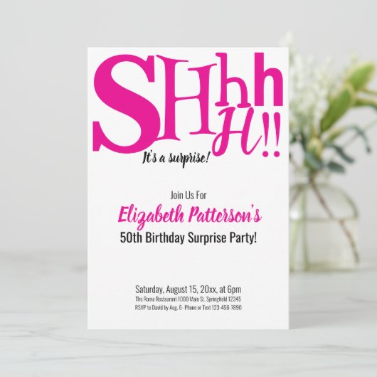 Shhサプライズ誕生日パーティー大人ピンク 招待状 (スタンド正面)