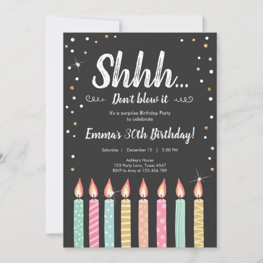 Shhhサプライズ金ゴールド紙吹雪誕生日パーティー 招待状 (正面)