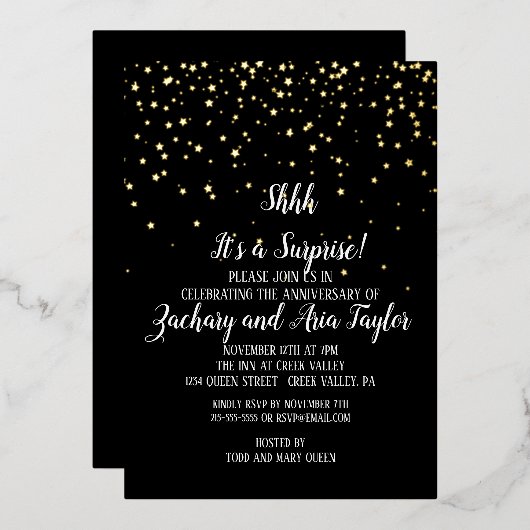 Shhhブラック紙吹雪金ゴールドにサプライズパーティー 箔招待状 (正面/裏面)