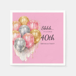 Shhh Surprise Pink Silver and Gold Birthday Party スタンダードカクテルナプキン