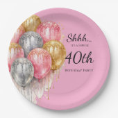 Shhh Surprise Pink Silver and Gold Birthday Party ペーパープレート (正面)