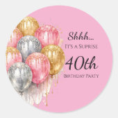 Shhh Surprise Pink Silver and Gold Birthday Party ラウンドシール (正面)
