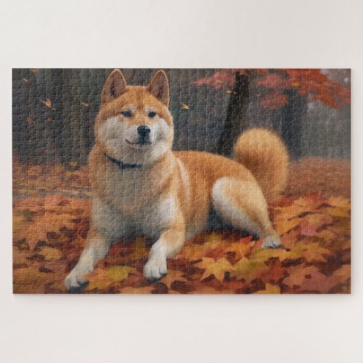 Shib Inu in Autumn Leaves Fall Inspire ジグソーパズル (横)