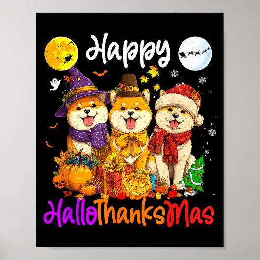Shiba Dog Christmas Thanksgiving Happy Halloween ポスター (正面)