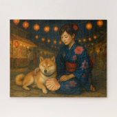Shiba Inu Beside Yukata-Clad Friend ジグソーパズル (横)