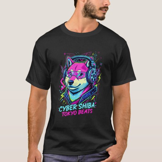 Shiba Inu Cassette DJ - Neon Cyberpunk Tokyo Tシャツ (正面)