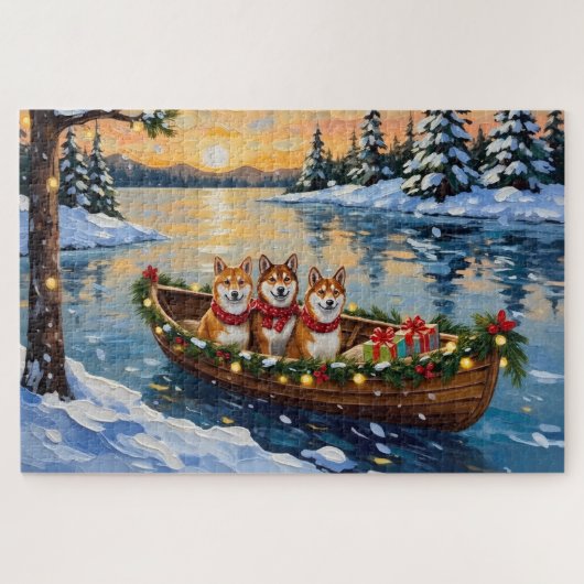 Shiba Inu Christmas Boat Holiday ジグソーパズル (横)