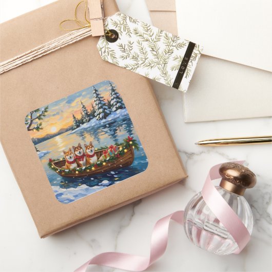 Shiba Inu Christmas Boat Holiday スクエアシール (ギフト)