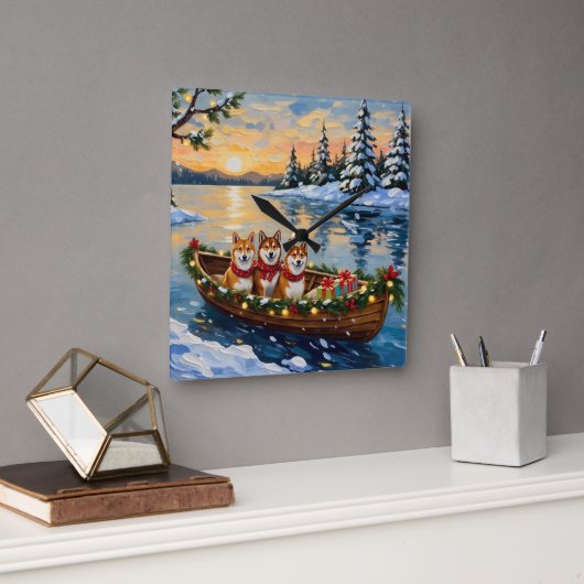 Shiba Inu Christmas Boat Holiday スクエア壁時計 (オフィス)