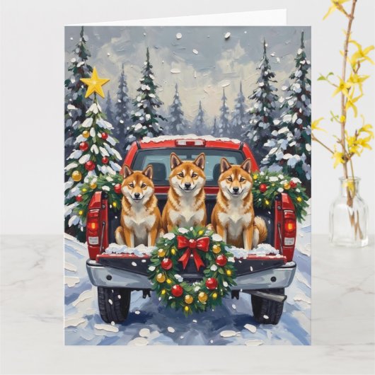 Shiba Inu Christmas Red Truck Holiday カード (黄色い花)