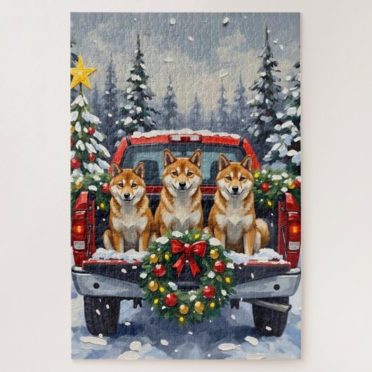Shiba Inu Christmas Red Truck Holiday ジグソーパズル (縦)