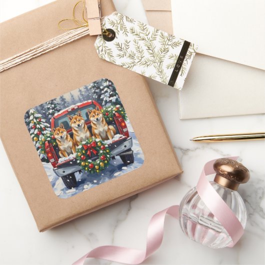 Shiba Inu Christmas Red Truck Holiday スクエアシール (ギフト)