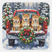 Shiba Inu Christmas Red Truck Holiday スクエアシール (正面)