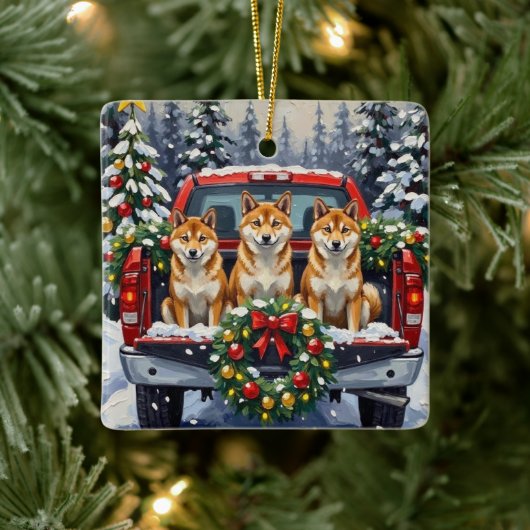 Shiba Inu Christmas Red Truck Holiday セラミックオーナメント (ツリー)