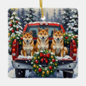 Shiba Inu Christmas Red Truck Holiday セラミックオーナメント (正面)